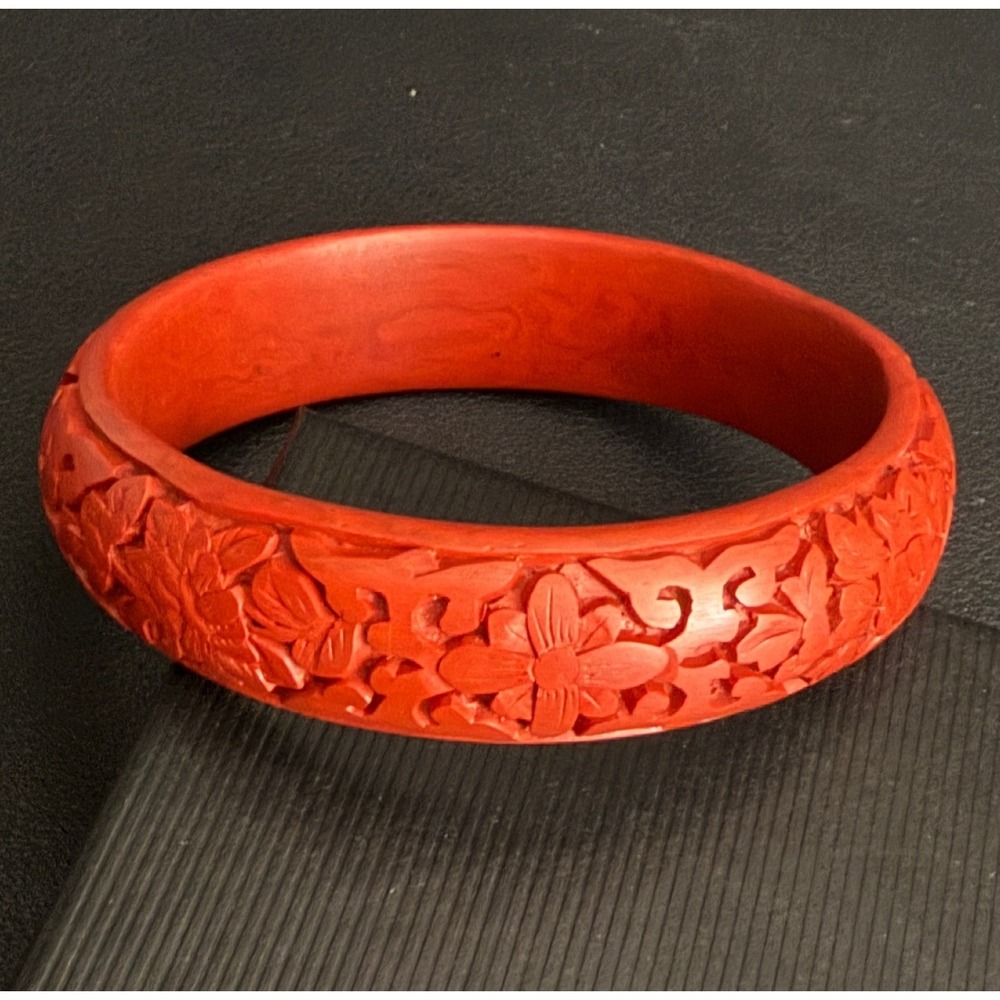 Vintage Cinnabar Bangle Bracelet Red Carved
